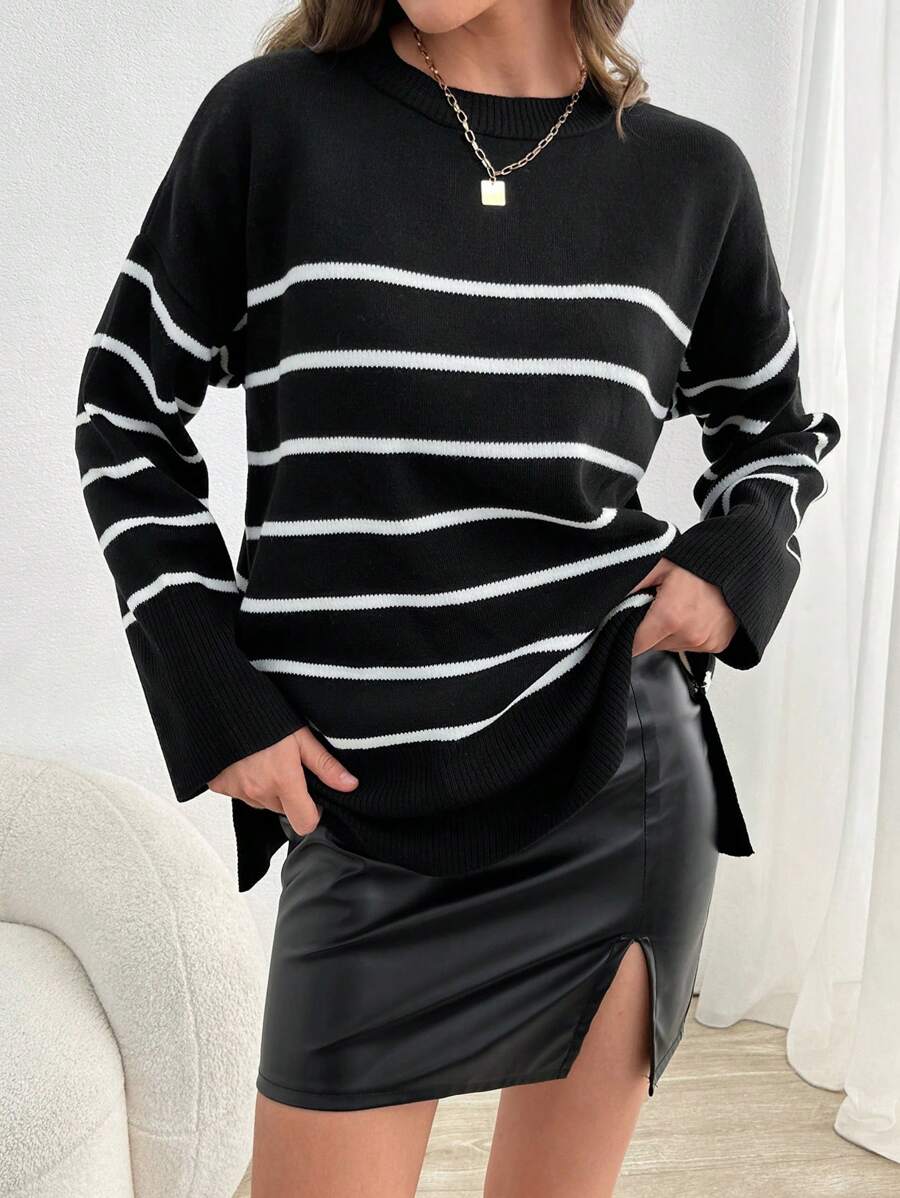 SHEIN Tall كنزة صوفية بنمط مخطط وأكتاف منسدلة، للنساء الطويلات - أبيض وأسود - مشاهدة 1
