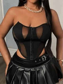 Slaydiva 感恩节弹力性感透视网纱拼接纯色女士上衣，节日派对街头风，百搭设计 - 黑色 - 查看 6