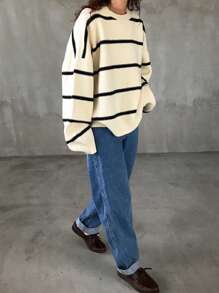 FRIFUL 女士圆领长袖条纹基本款针织毛衣，休闲日常穿着，秋季女装 - 米色 - 查看 2