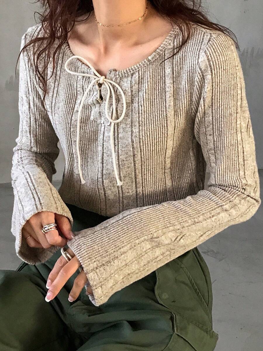 FRIFUL Women Casual Solid Color Ribbed Twist Collar Loose Long Sleeve T-Shirt, For Spring & Autumn Summer