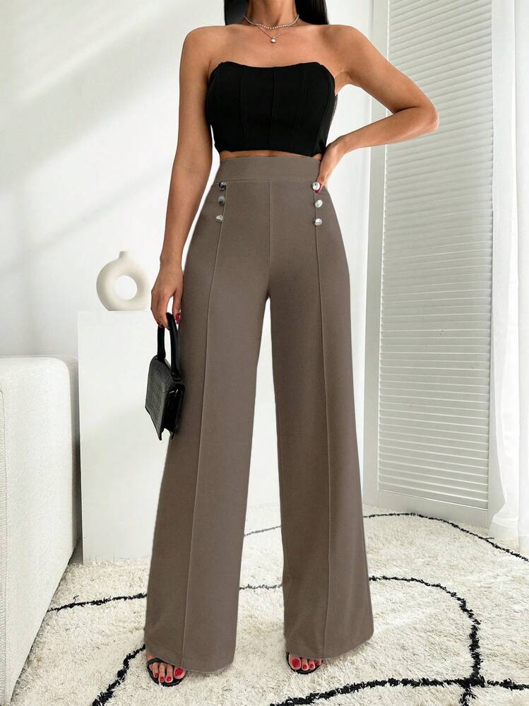 EURMUSE Pantalón palazzo de pierna ancha blanco con detalles de botones - Marrón Mocha - Ver 7