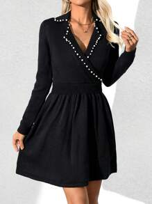 SHEIN Clasi 1 pieza Vestido de suéter de manga larga elegante con dobladillo de burbuja envuelto en cruz de un solo color - Negro - Ver 3