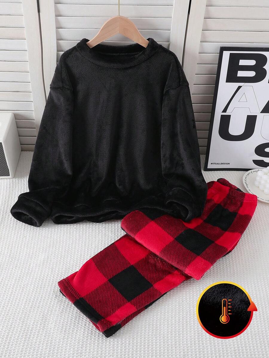 2pcs/Set Girls Plaid Fleece Pajama Set With Long Pants And Long Sleeve Top, Casual Sleepwear (2 Sets Sold Separately) - Black - View 1