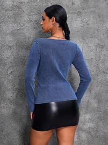 SHEIN ICON Blusa de mezclilla para mujer, estilo callejero sexy, de manga larga, ajustada y elástica, color azul