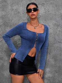 SHEIN ICON Blusa de mezclilla para mujer, estilo callejero sexy, de manga larga, ajustada y elástica, color azul