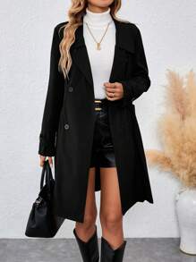 EMERY ROSE 中长款女士立领扣收腰灰色风衣 - 黑色 - 查看 6