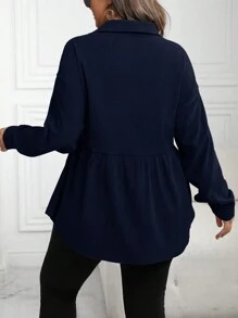 Plus Size Casual Solid Color Cinched Waist Shirt, Autumn