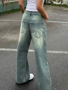 Women Retro Distressed Straight Leg Loose Fit Boyfriend Jeans - Navy Blue - View 2