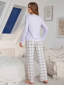 Bộ đồ ngủ in chữ và kẻ caro 2 món cho nữ - Nhiều màu - Xem 2