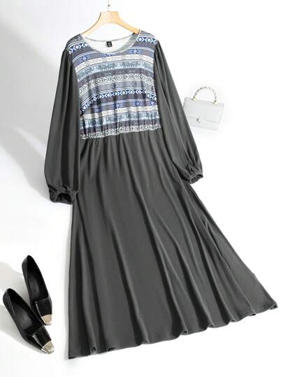 Al Najma Plus Size Vintage Geometric Print Patchwork Casual Dress, Autumn