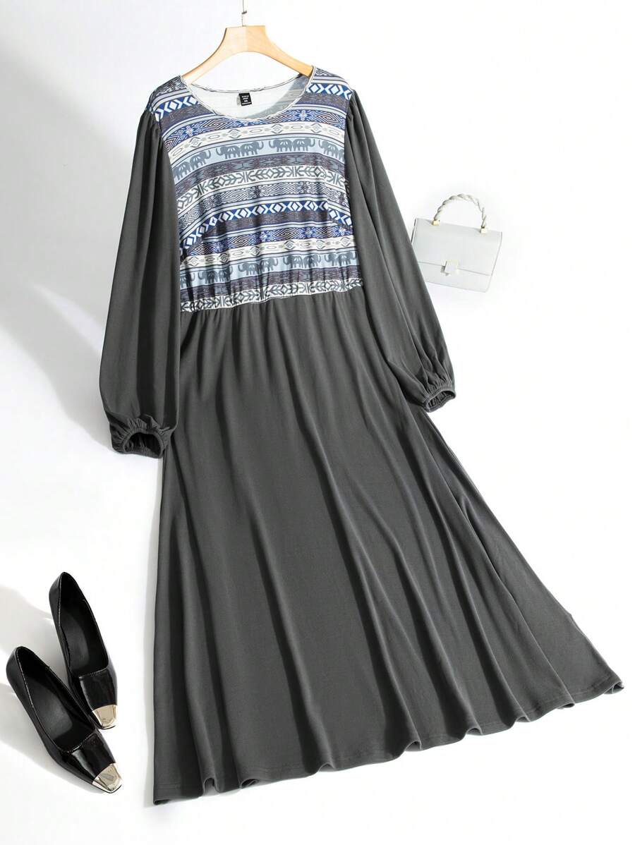 Al Najma Plus Size Vintage Geometric Print Patchwork Casual Dress, Autumn - Dark Grey - View 1