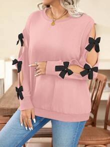 SHEIN Clasi 大码圆领时尚蝴蝶结装饰镂空长袖休闲套头卫衣 - 粉色 - 查看 3