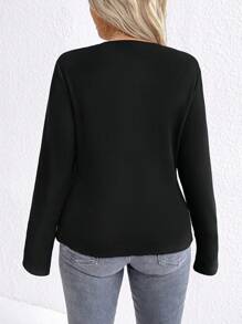 Calvaya Camiseta de manga larga sexy de ajuste ceñido con cuello cuadrado de unicolor para tallas grandes - Negro - Ver 2