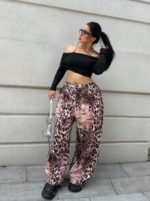 Flirla Pantalon ample à jambe large imprimé léopard pour grande taille - Multicolore - Voir 8