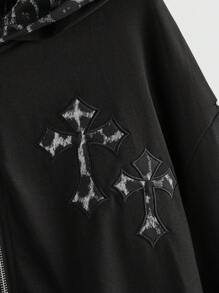 ROMWE Goth Kpop 十字架豹纹二合一拉链连帽衫，适合毕业季、返校季穿着，也适合教师穿着。 - 黑色 - 查看 3