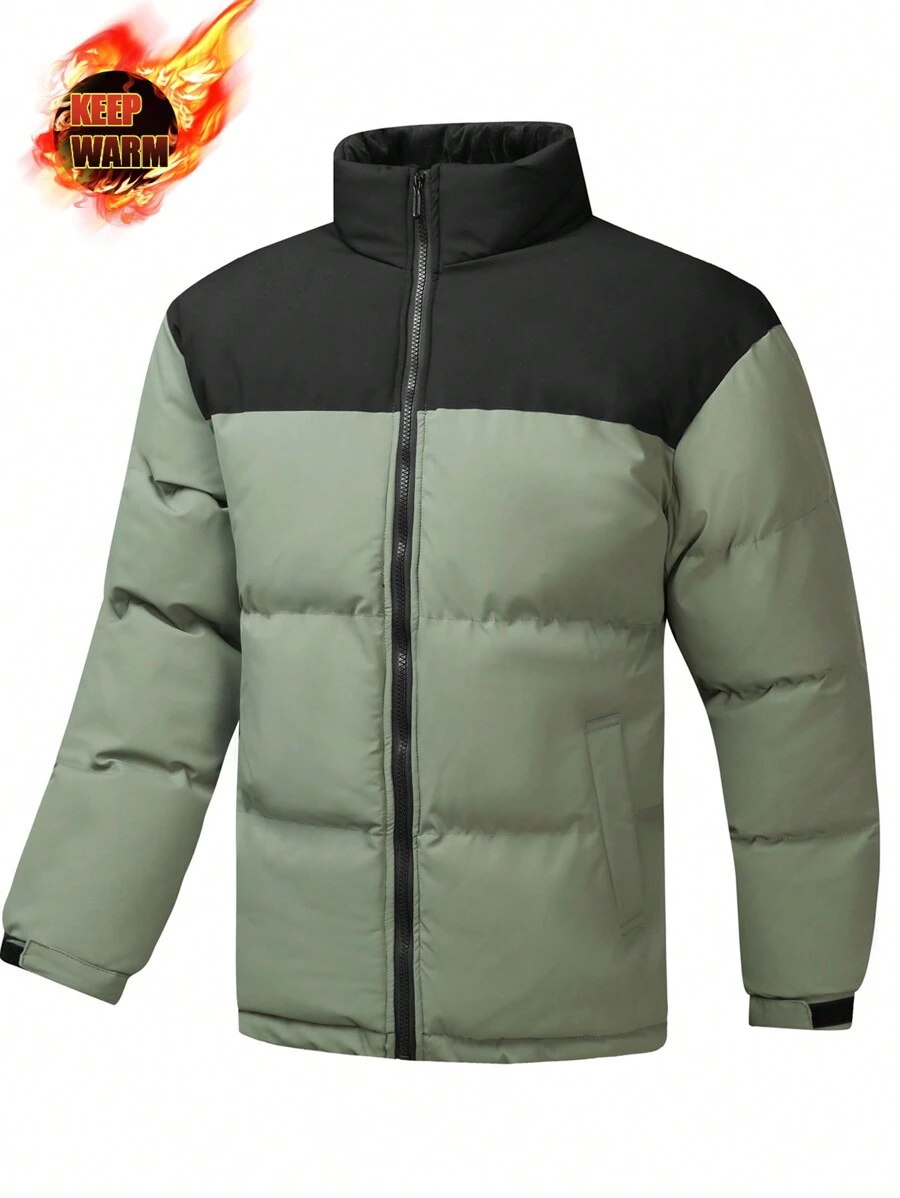 Gym Rark Two-Tone Boyfriend Style Men Casual High Neck Zip-Up Warm Padded Coat, Puffer Jacket - Green - View 1