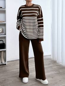 EURMUSE Woman Striped Crew Neck Casual Comfy Warm Sweater Pants Co-Ords - Brown - View 5