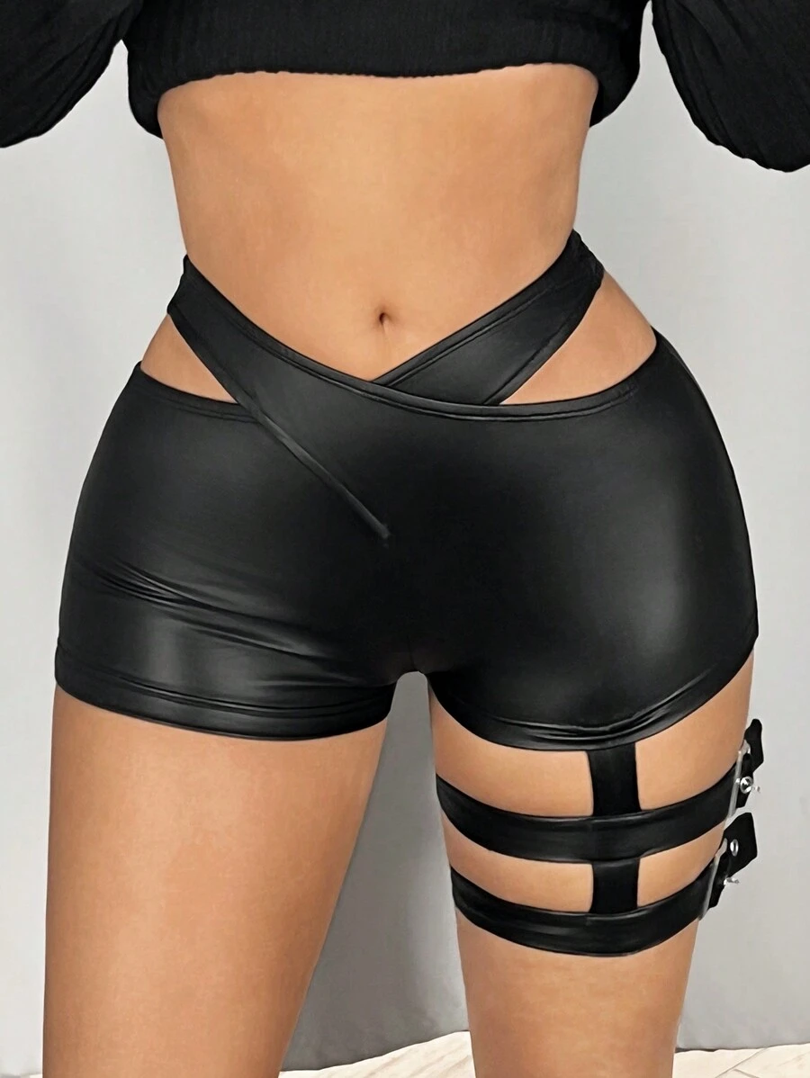 SHEIN ICON 紧身 V 领系腿装饰女式短款打底裤 - 黑色 - 查看 1