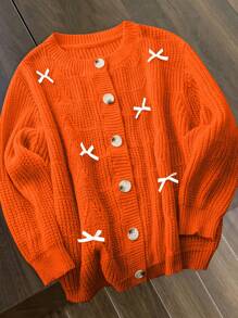 Flirla Áo khoác cardigan cài nút phía trước trang trí nơ cỡ lớn, phù hợp cho mùa thu/đông - trái cam - Xem 1