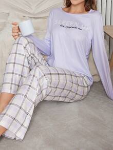 Bộ đồ ngủ in chữ và kẻ caro 2 món cho nữ - Nhiều màu - Xem 6