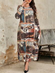 SHEIN LUNE Robe de style décontracté longue avec imprimé de bande dessinée, tailles grandes pour l'automne