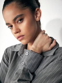 Maija Gaun Pendek Wanita Kasual Bergaris dengan Tali Serut Samping, Musim Gugur/Musim Dingin - Dark Grey - View 7