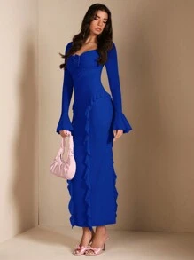 SHEIN BAE Váy dài tay viền bèo nhún họa tiết hoa 3D thanh lịch cho nữ màu hồng, thích hợp cho hẹn hò hàng ngày, tiệc tùng, tụ họp, mùa thu - Xanh đậm - Xem 6