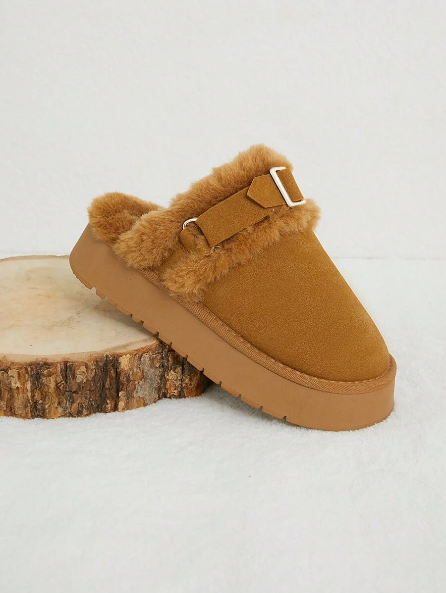 SHUZIA 女士可爱日常羊羔绒毛平底凉鞋