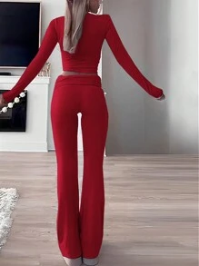 INAWLY Solva 2pcs Women Solid Color Crew Neck Long Sleeve Top And Pants Casual Set