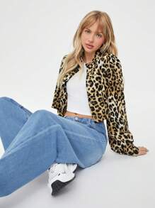 SHEIN EZwear Leopard Print Contrast Side Seam Raglan Sleeve Crop Jacket - Multicolor - View 4