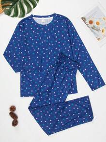 青少年女孩五角星印花圆领长袖上衣和裤子休闲睡衣套装 - 寶藍色 - 查看 1