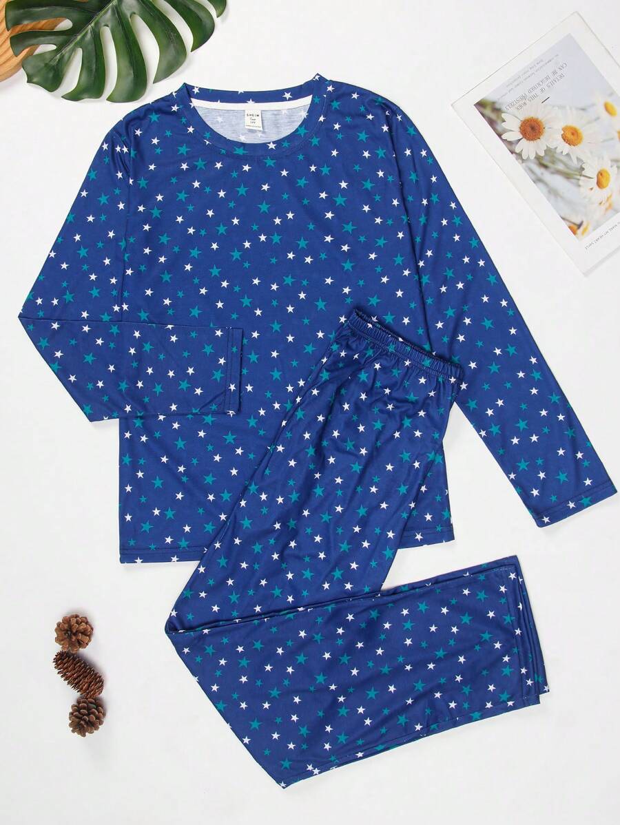 青少年女孩五角星印花圆领长袖上衣和裤子休闲睡衣套装 - 寶藍色 - 查看 1