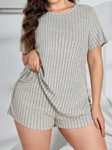 2 件大码纯色罗纹圆领短袖上衣和松紧腰短裤套装 - 彩色 - 查看 4