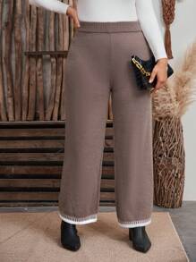 SHEIN LUNE Quần ống rộng lưng thun dệt kim màu khối cỡ lớn cho nữ, quần ống đứng thiết kế đơn giản cho mùa thu/đông - Nhiều màu - Xem 1