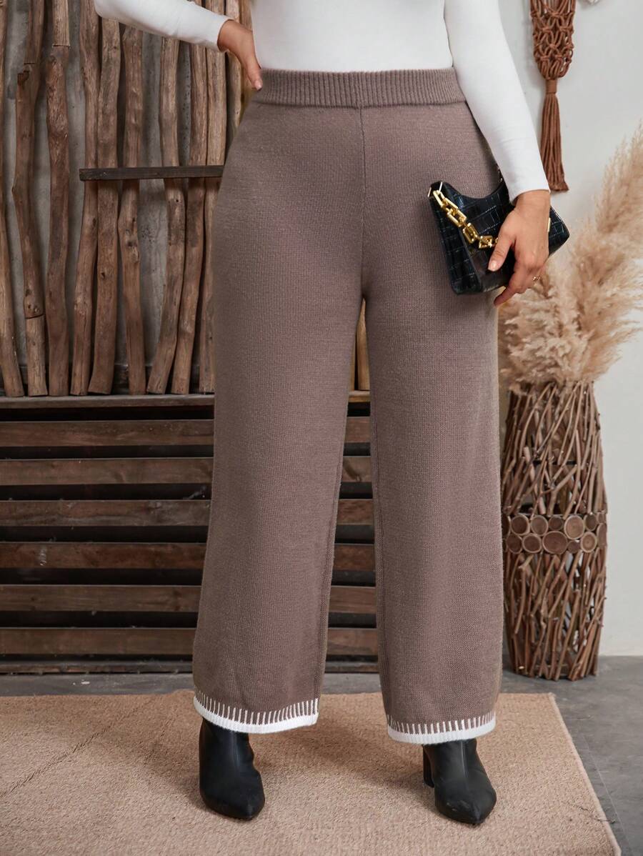 SHEIN LUNE Quần ống rộng lưng thun dệt kim màu khối cỡ lớn cho nữ, quần ống đứng thiết kế đơn giản cho mùa thu/đông - Nhiều màu - Xem 1