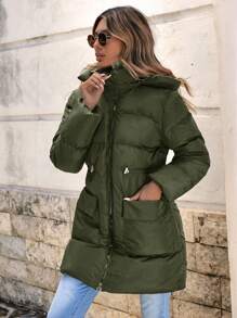 EURMUSE Women Solid Color Hooded Long Sleeve Padded Coat With Pockets For Winter - Hijau Tentara - View 6
