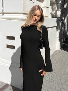 SHEIN Forever 21 纯色合身喇叭袖口长袖优雅连衣裙 - 黑色 - 查看 10