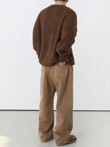 Áo len dài tay rộng rãi cổ tròn trễ vai màu trơn cho nam, mùa thu/đông - màu nâu - Xem 2