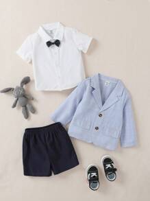 SHEIN 3 piezas Conjunto formal para niños pequeños: chaqueta tipo blazer, camisa de manga corta con corbata de moño y pantalones cortos, casual y lindo - Azul - Ver 3