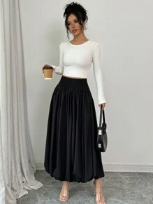 Elenzga 女士纯色褶皱高腰裙，秋季优雅 - 黑色 - 查看 4