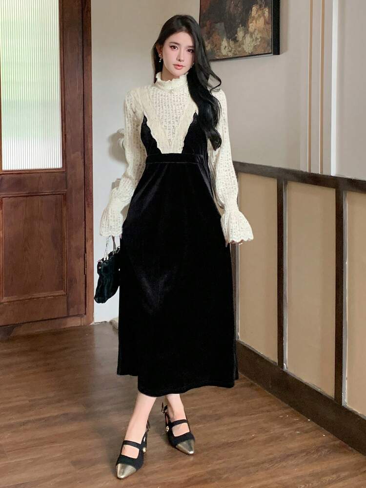 1pc Women Color Block Sleeveless Knit Sweater Dress, Elegant For Autumn/Winter ,New Year Eve,Fall Women Clothes Prom Dress