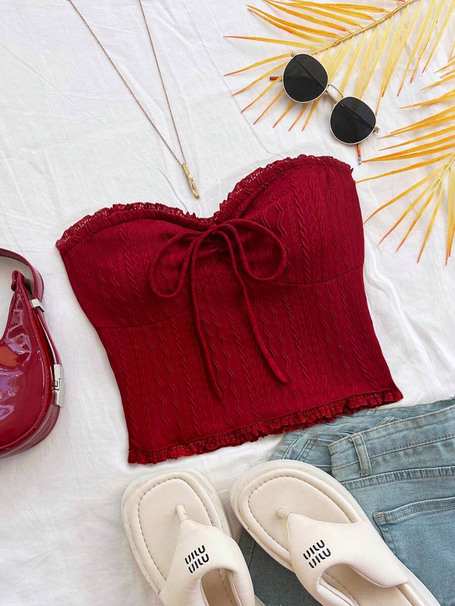 Soleia Áo crop top ren phối vải kết cấu gợi cảm phía trước cho nữ - Màu Đỏ Sâu - Xem 1