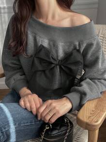 FRIFUL 1 件女士休闲露肩蝴蝶结装饰运动衫，秋冬 - 灰色 - 查看 1