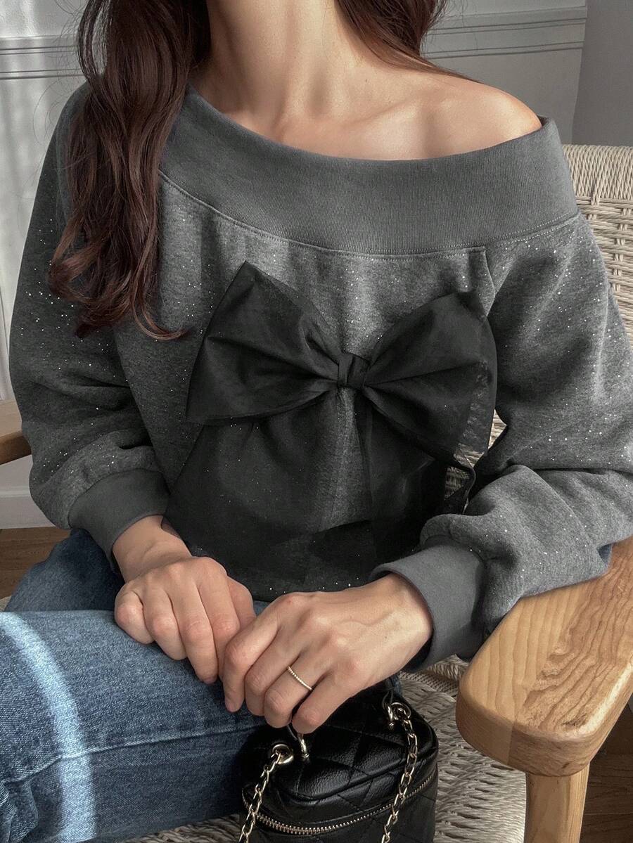 FRIFUL 1 件女士休闲露肩蝴蝶结装饰运动衫，秋冬 - 灰色 - 查看 1