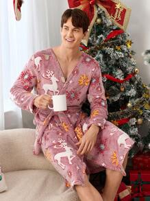 Men's Soft And Comfortable Christmas Plush Robe For Home Wear, Autumn/Winter - Multicolor - View 7