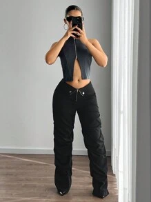 SHEIN ICON Pantalones sueltos con cintura extra baja, cuello en V y pliegues para mujeres