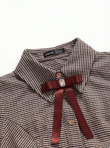SHEIN فستان قميص كاجوال للحوامل، أكمام طويلة، زر ملابس علوية، مخطط لون معزول لموسم الخريف - بني داكن - مشاهدة 5