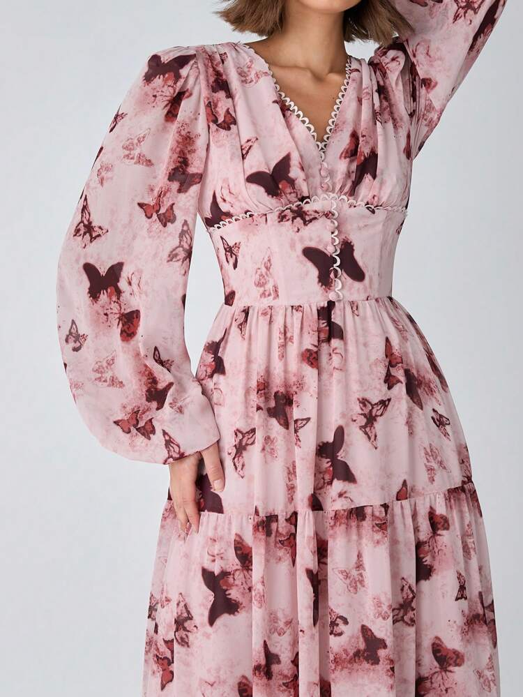 New Winter Products ,Women Romantic Butterfly Print V-Neck Ruffle Hem Lantern Long Sleeve Dress, Winter Women Dress,Christmas Dress,Christmas Women Clothes,New Years Dress,Party Women Dresses