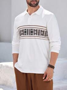 Manfinity Homme Herren Langarm Poloshirt in Einfarbig mit Patchwork und Knopfleiste, Lässig - Weiss - Übersicht 1