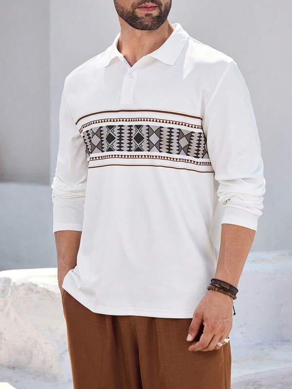 Manfinity Homme 男式长袖纯色拼布前扣休闲 Polo 衫
